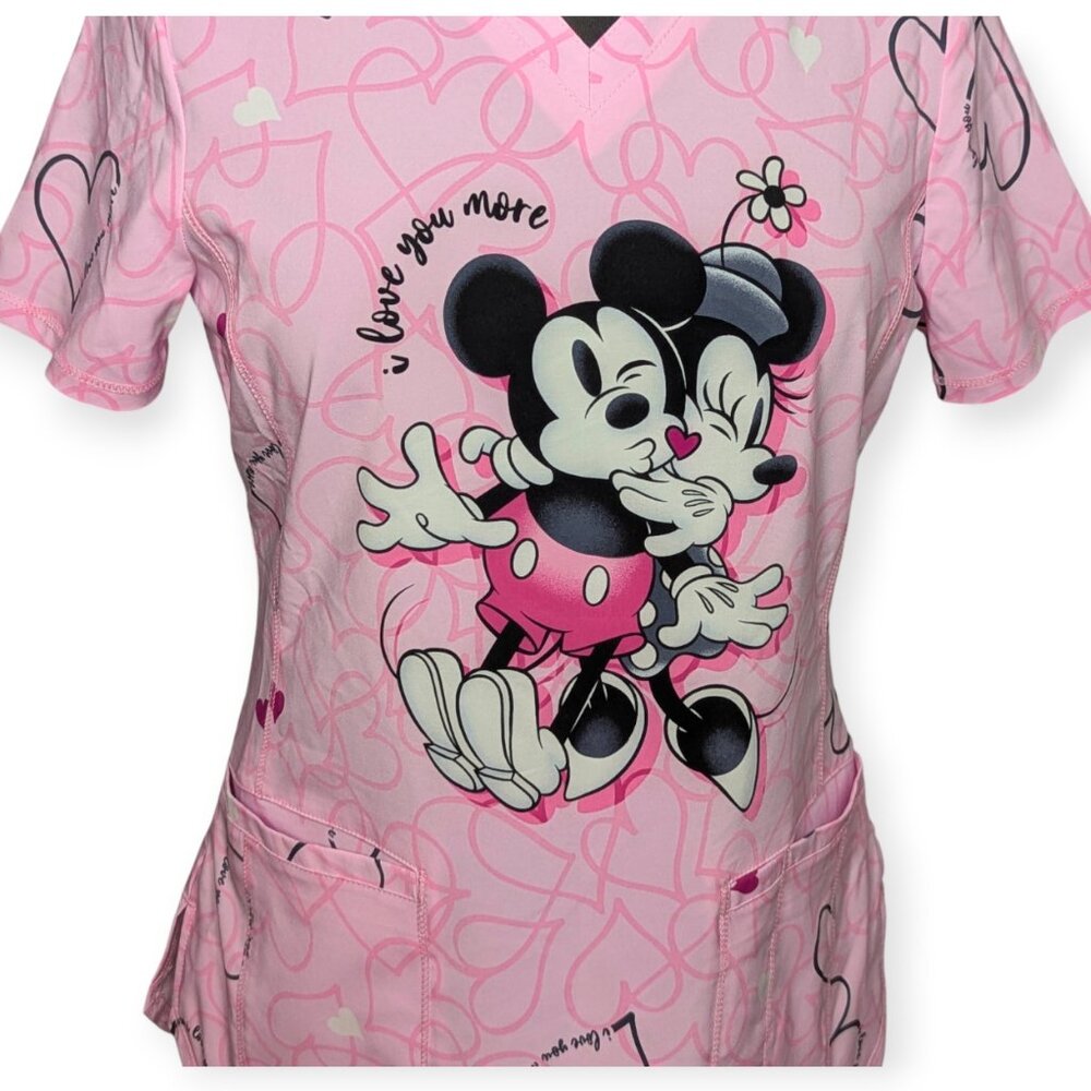 Cherokee Infinity Love You More Pink Disney Mickey & Minnie Mouse Scrub Top Sm - Picture 3 of 14